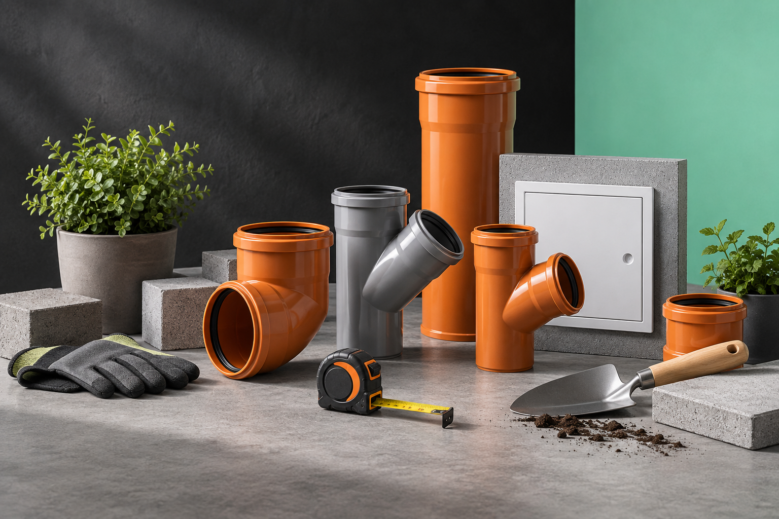 Baumarkt-Sortiment mit Abwassertechnik, Revisionsklappe, Garten- und Werkstattbedarf